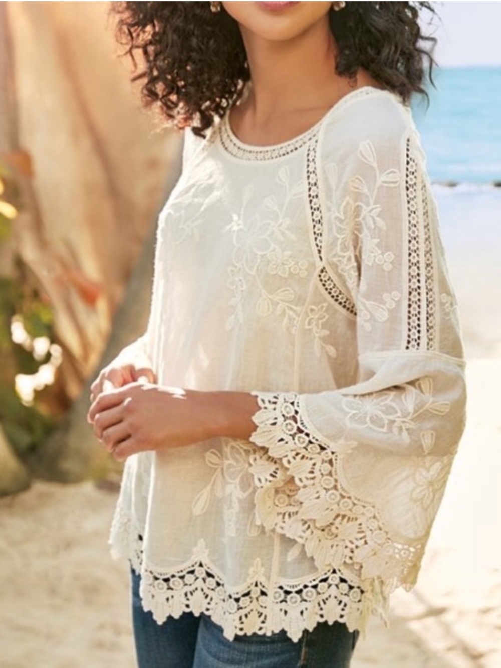 Soft Surroundings Cream Embroidered Lace-Trim Tunic